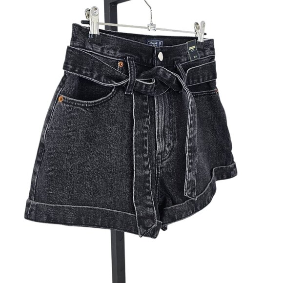 Abercrombie & Fitch Natural Rise Denim Shorts, Cotton, Black Wash, Tie Waist, 26 - Picture 2 of 8